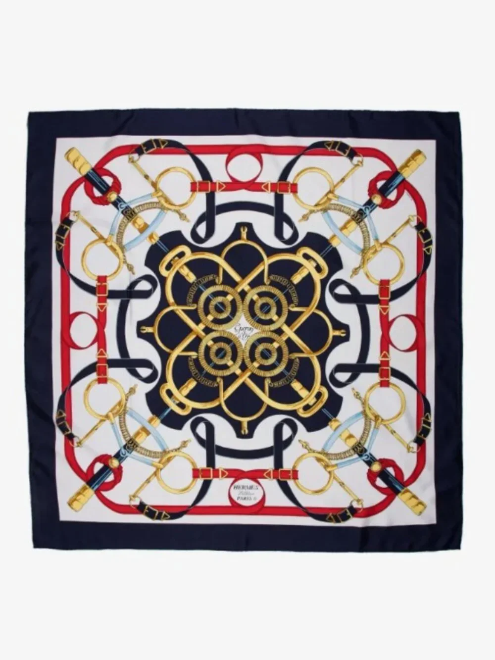HERMES Silk Eperon D'Or Scarf, Navy, Red, Square 33 inch